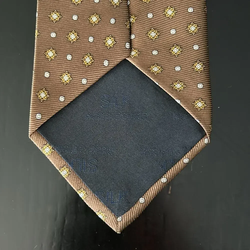 Bijoux Terner Cappuccino Brown Silk Tie, Gold & White Pattern, Perfect for Fall